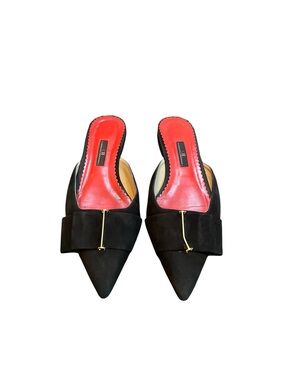 Carolina Herrera Black Suede Pointed Mules with Red Insole and Gold Accent